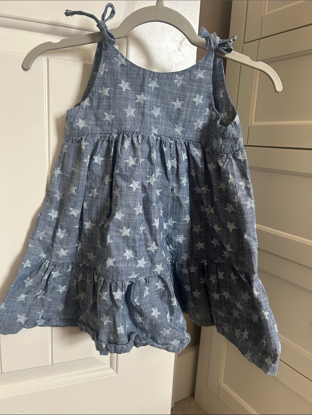 Girls Star Print Chambray Tie-Strap Dress